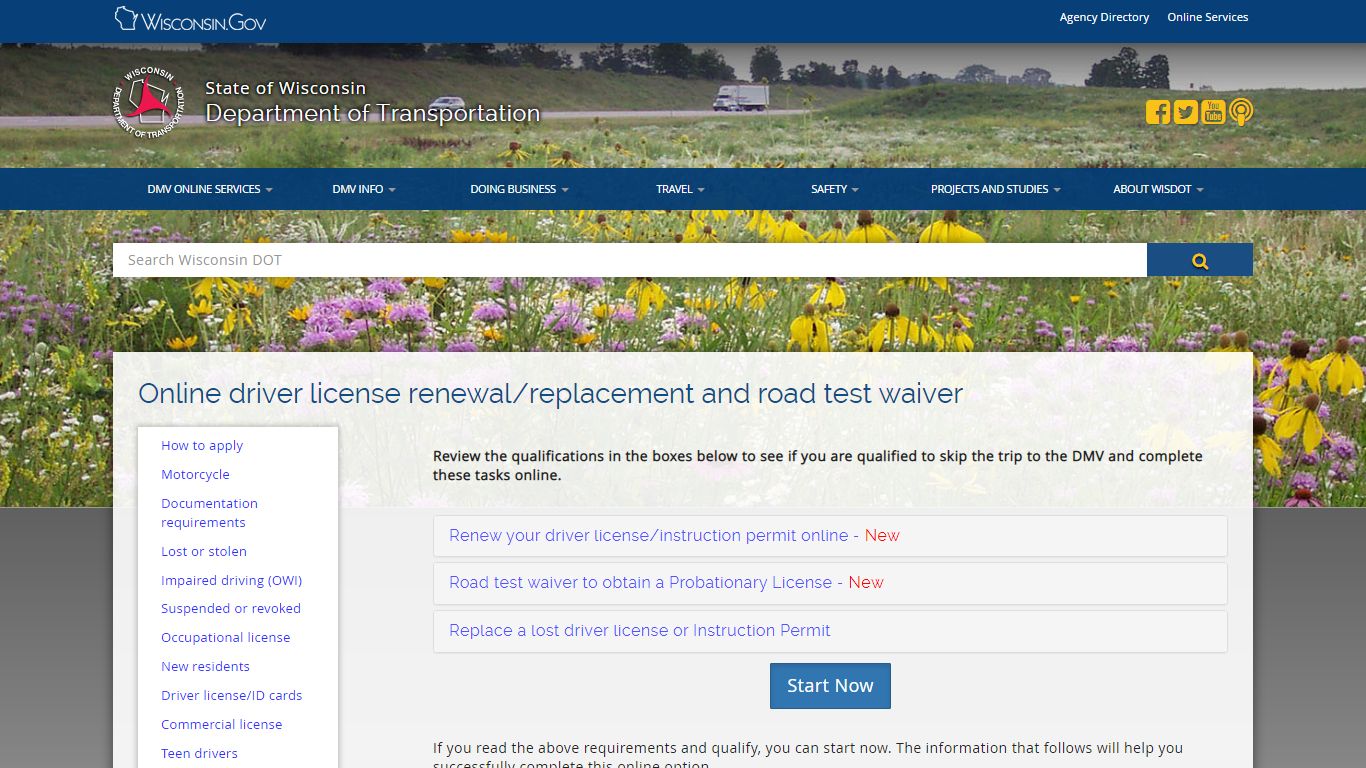 Online driver license renewal/replacement and road test waiver